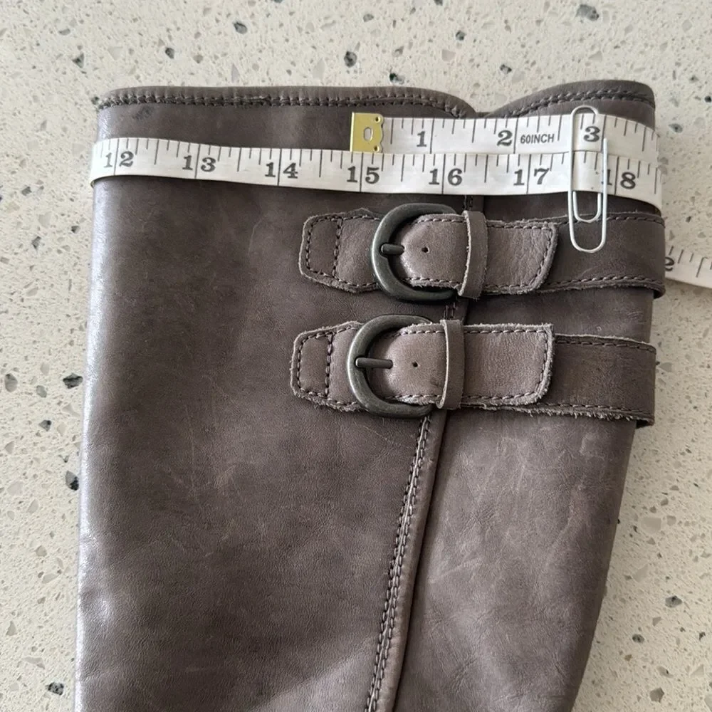 Born Women's Tall Knee High Ash Leather Boots Riding Boho Buckle Size 6.5 EUC